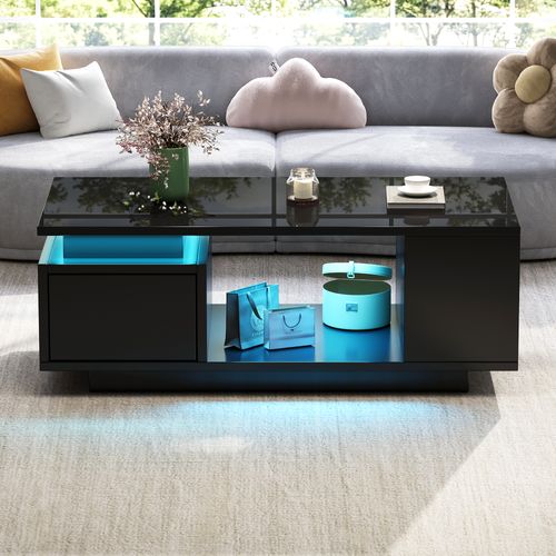 Table Basse Rectangulaire Noire Brillante Avec LED 100x50x36 Cm, 1 Tiroir Et Rangements Latéraux
