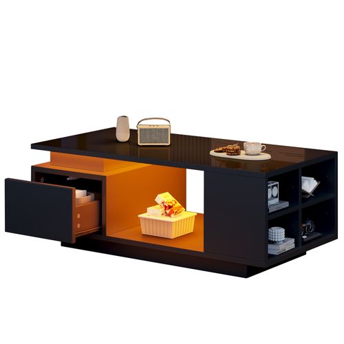 Table Basse Rectangulaire Noire Brillante Avec LED 100x50x36 Cm, 1 Tiroir Et Rangements Latéraux