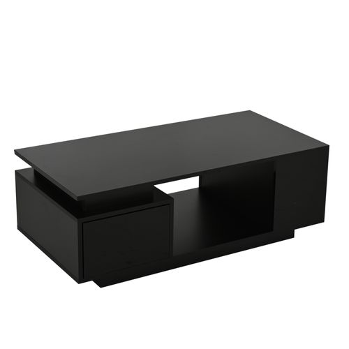 Table Basse Rectangulaire Noire Brillante Avec LED 100x50x36 Cm, 1 Tiroir Et Rangements Latéraux