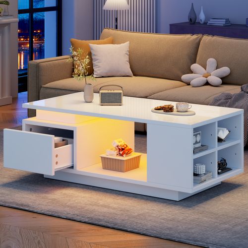 Table Basse Rectangulaire Blanche LED 100x50x36 Cm Avec Tiroir Et Rangements Latéraux