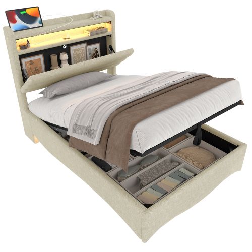 Lit Coffre 90x200 Cm, Lit Avec Rangement, LED Et Ports USB Et Type-c, En Lin, Beige