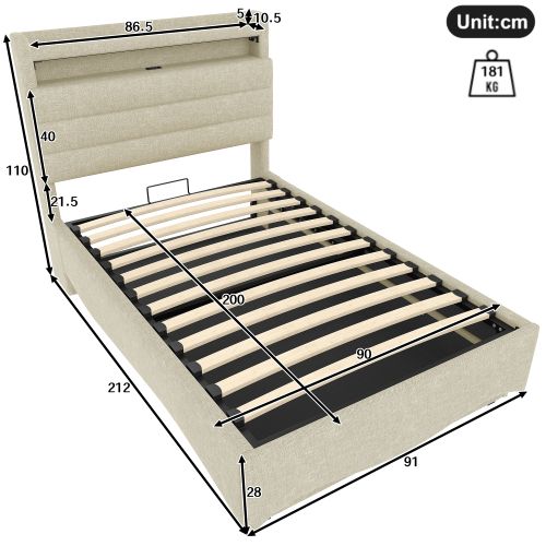 Lit Coffre 90x200 Cm, Lit Avec Rangement, LED Et Ports USB Et Type-c, En Lin, Beige