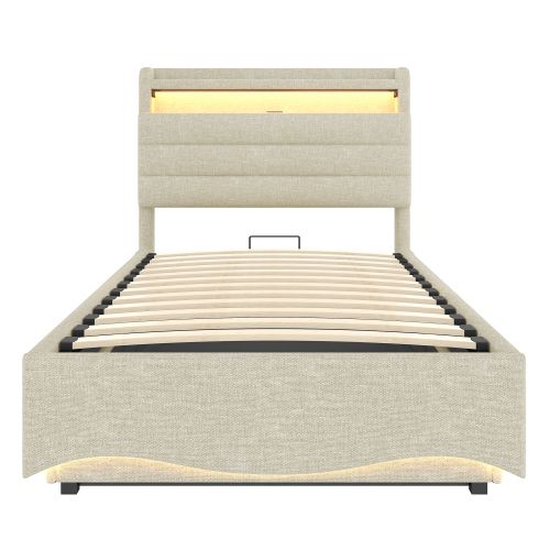 Lit Coffre 90x200 Cm, Lit Avec Rangement, LED Et Ports USB Et Type-c, En Lin, Beige