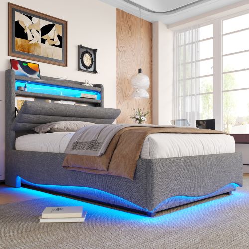 Lit Coffre 90x200 Cm, Lit Avec Rangement, LED Et Ports USB Et Type-c, En Tissu, Gris