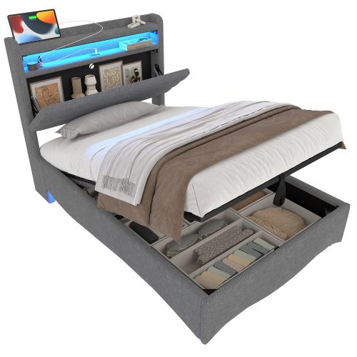 Lit Coffre 90x200 Cm, Lit Avec Rangement, LED Et Ports USB Et Type-c, En Tissu, Gris