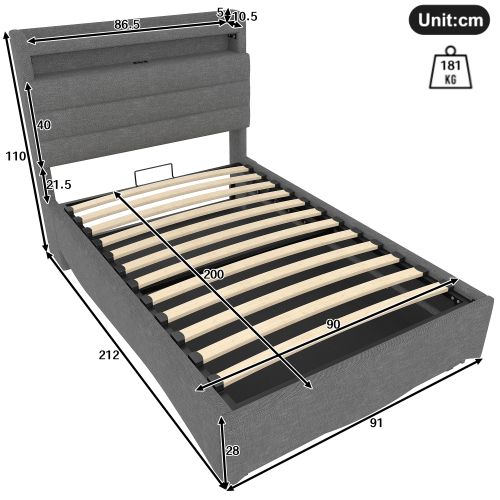 Lit Coffre 90x200 Cm, Lit Avec Rangement, LED Et Ports USB Et Type-c, En Tissu, Gris