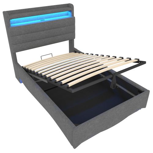 Lit Coffre 90x200 Cm, Lit Avec Rangement, LED Et Ports USB Et Type-c, En Tissu, Gris