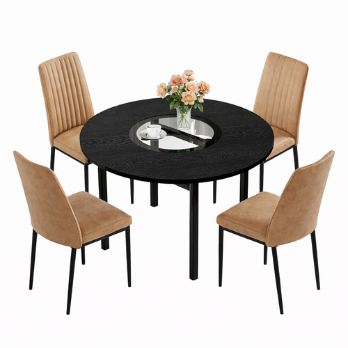 Ensemble Table Et Chaises, Table à Manger 100 Cm Avec Pieds Métal Noir Et 4 Chaises Tissu Marron