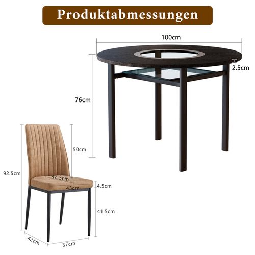 Ensemble Table Et Chaises, Table à Manger 100 Cm Avec Pieds Métal Noir Et 4 Chaises Tissu Marron