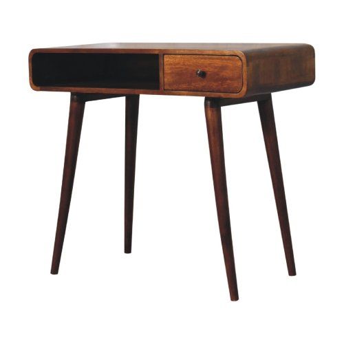 Table Console En Manguier Massif, 1 Tiroir, 1 Étagère, Finition Châtaignier, Pieds Nordiques