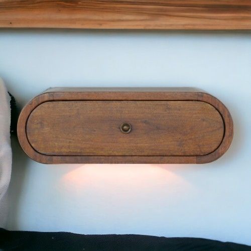 Table De Chevet Murale Ronde En Manguier Massif, Finition Châtaignier, 1 Tiroir, Brun