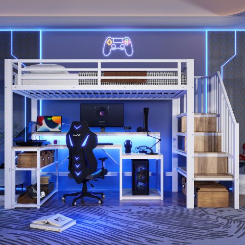 Lit Mezzanine 90x200 Cm, Avec Bureau Et LED, En Métal, Blanc