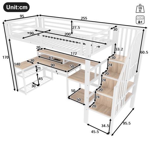 Lit Mezzanine 90x200 Cm, Avec Bureau Et LED, En Métal, Blanc