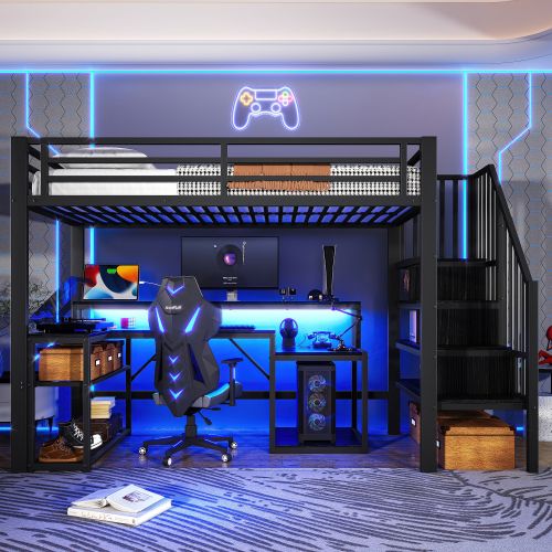 Lit Mezzanine 90x200 Cm, Avec Bureau, LED Et Ports USB Et Type-c, En Métal, Noir