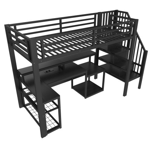 Lit Mezzanine 90x200 Cm, Avec Bureau, LED Et Ports USB Et Type-c, En Métal, Noir