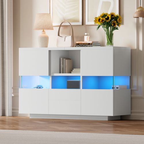 Buffet De Salon 140x35x75 Cm, Meuble De Rangement Double Niveau Blanc