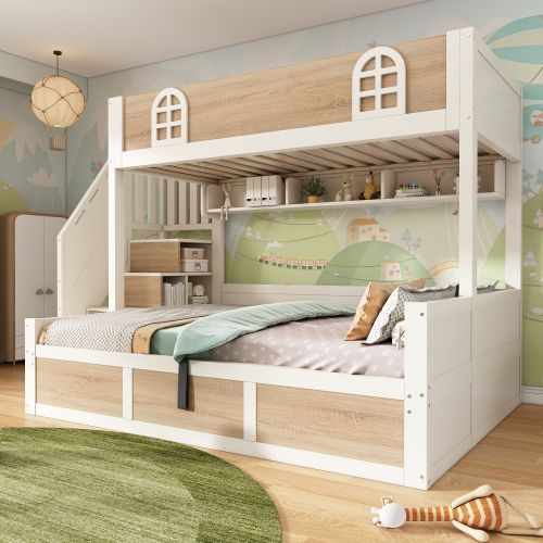 Lit Superposé 90x200 Et 140x200, Avec Escalier De Rangement Et Lattes, En Bois, Blanc Et Naturel