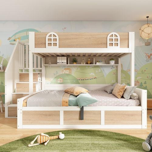 Lit Superposé 90x200 Et 140x200, Avec Escalier De Rangement Et Lattes, En Bois, Blanc Et Naturel