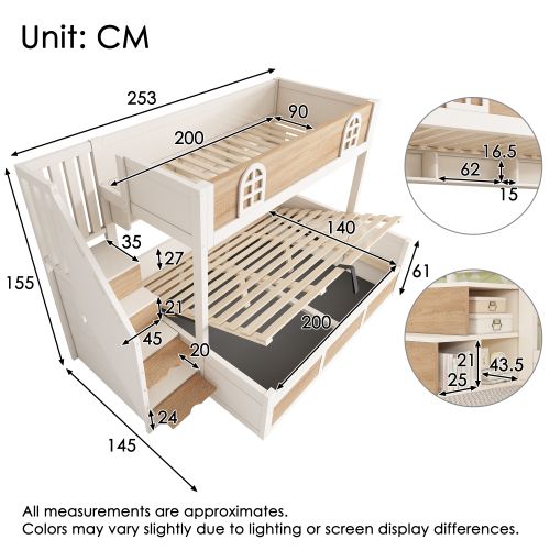 Lit Superposé 90x200 Et 140x200, Avec Escalier De Rangement Et Lattes, En Bois, Blanc Et Naturel