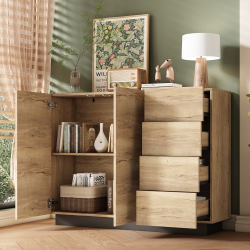 Buffet 2 Portes 4 Tiroirs, 120 X 35,5 X 90,5 Cm, Noir Et Naturel