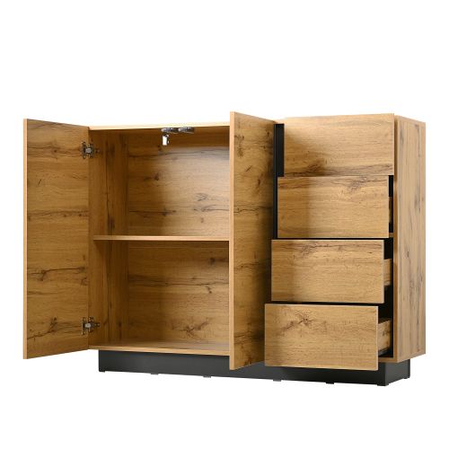Buffet 2 Portes 4 Tiroirs, 120 X 35,5 X 90,5 Cm, Noir Et Naturel