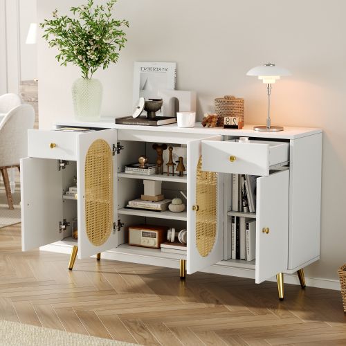 Buffet Blanc 140x35x82 Cm Avec 4 Portes Et 2 Tiroirs, Étagères Réglables