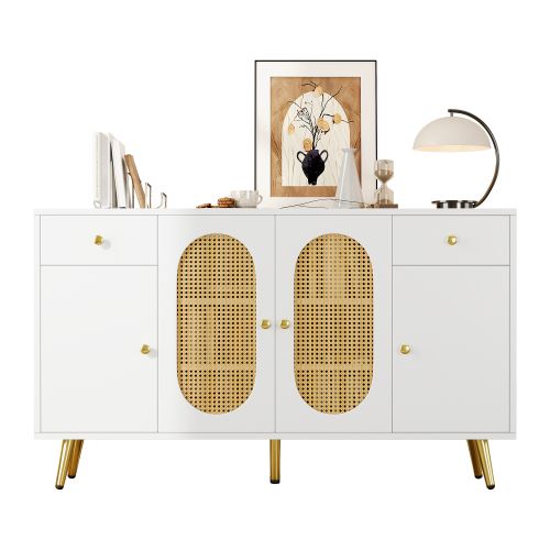 Buffet Blanc 140x35x82 Cm Avec 4 Portes Et 2 Tiroirs, Étagères Réglables