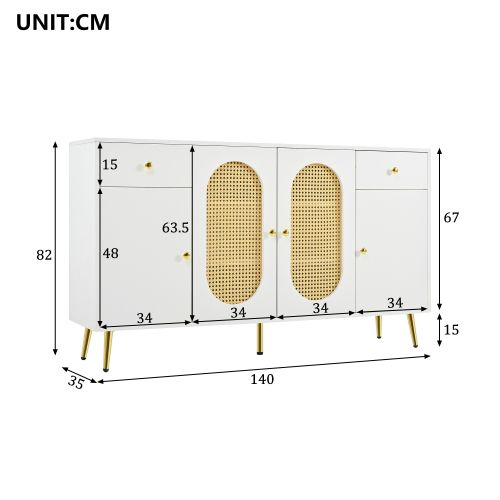 Buffet Blanc 140x35x82 Cm Avec 4 Portes Et 2 Tiroirs, Étagères Réglables