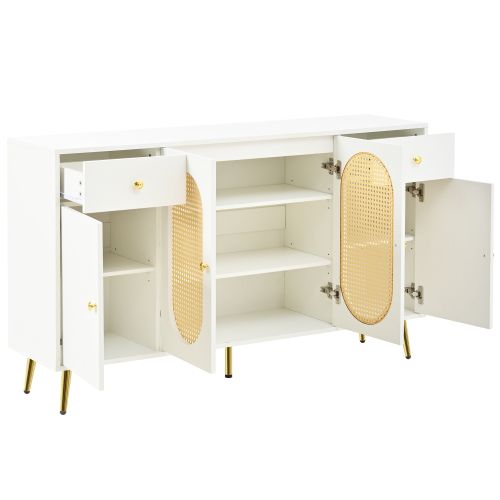 Buffet Blanc 140x35x82 Cm Avec 4 Portes Et 2 Tiroirs, Étagères Réglables