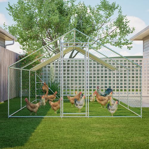 Enclos Poulailler Extérieur En Métal 3x6 M Avec Toit Pvc, Porte Verrouillable Et Échelle, Blanc