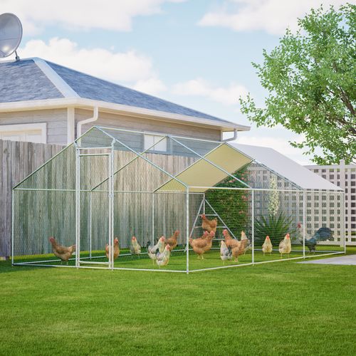 Enclos Poulailler Extérieur En Métal 3x6 M Avec Toit Pvc, Porte Verrouillable Et Échelle, Blanc