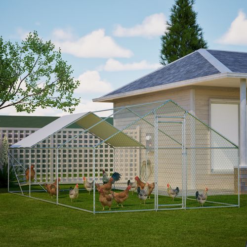 Enclos Poulailler Extérieur En Métal 3x6 M Avec Toit Pvc, Porte Verrouillable Et Échelle, Blanc
