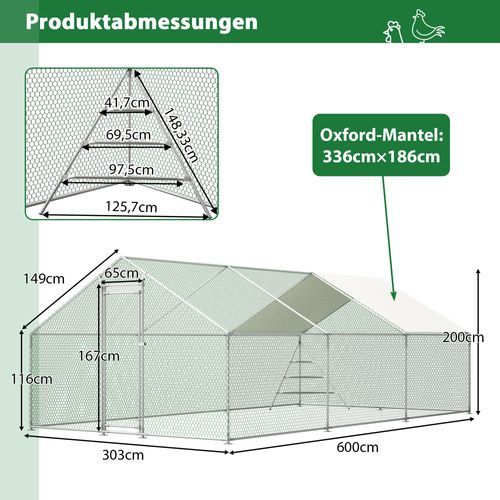 Enclos Poulailler Extérieur En Métal 3x6 M Avec Toit Pvc, Porte Verrouillable Et Échelle, Blanc