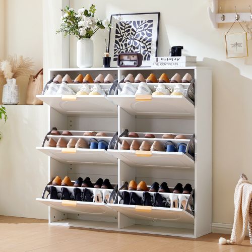 Meuble à Chaussures Blanc, 6 Abattants, Étagères Ouvertes