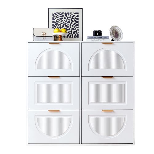 Meuble à Chaussures Blanc, 6 Abattants, Étagères Ouvertes