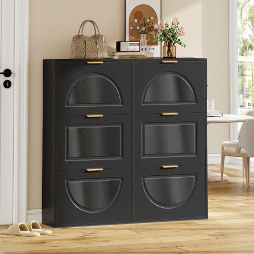 Meuble à Chaussures Noir, 6 Abattants, Étagères Ouvertes