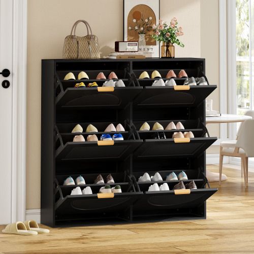 Meuble à Chaussures Noir, 6 Abattants, Étagères Ouvertes