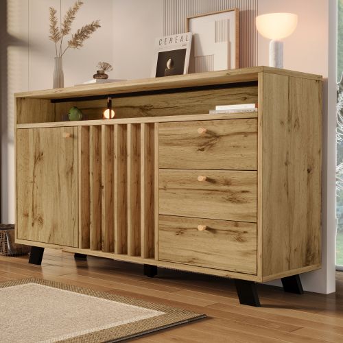 Buffet Chêne Foncé 120x40x85 Cm Avec 3 Tiroirs, 2 Portes à Lames, Niche Ouverte