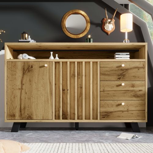Buffet Chêne Foncé 120x40x85 Cm Avec 3 Tiroirs, 2 Portes à Lames, Niche Ouverte