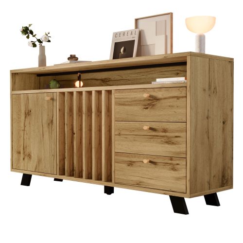 Buffet Chêne Foncé 120x40x85 Cm Avec 3 Tiroirs, 2 Portes à Lames, Niche Ouverte