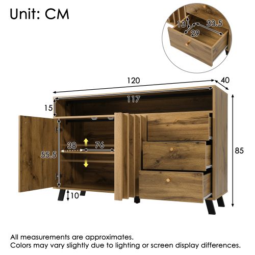 Buffet Chêne Foncé 120x40x85 Cm Avec 3 Tiroirs, 2 Portes à Lames, Niche Ouverte