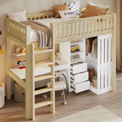 Lit Mezzanine 90x200 Cm, Avec Bureau Et Rangement, En Bois, Naturel