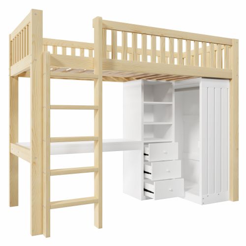 Lit Mezzanine 90x200 Cm, Avec Bureau Et Rangement, En Bois, Naturel
