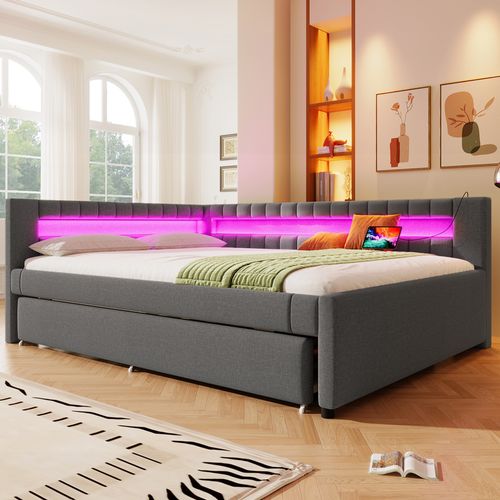 Lit Gigogne 140x200 Cm, Avec Lit 90x190 Cm, LED Et Ports USB Et Type-c, En Lin, Gris