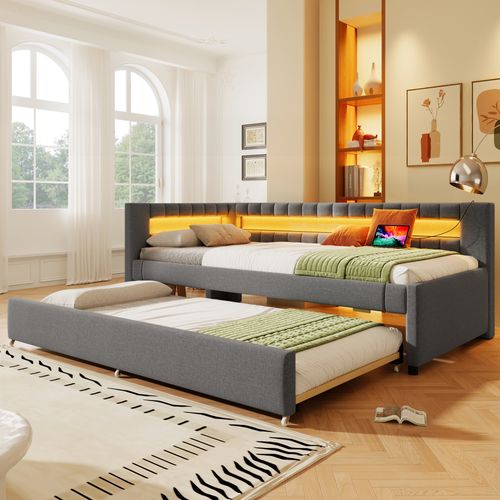 Lit Enfant 90x200 Cm Avec Lit Gigogne 90x190 Cm, LED Et Ports USB Et Type-c, En Tissu, Gris