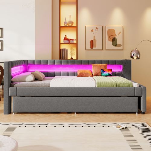 Lit Enfant 90x200 Cm Avec Lit Gigogne 90x190 Cm, LED Et Ports USB Et Type-c, En Tissu, Gris
