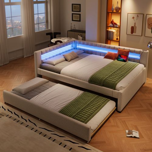 Lit Gigogne 140x200 Cm, Avec Lit 90x190 Cm, LED Et Ports USB Et Type-c, En Lin, Beige