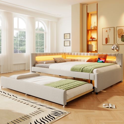 Lit Gigogne 140x200 Cm, Avec Lit 90x190 Cm, LED Et Ports USB Et Type-c, En Lin, Beige