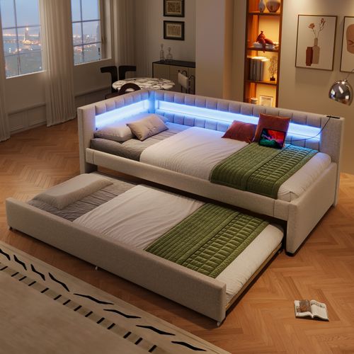 Lit Enfant 90x200 Cm Avec Lit Gigogne 90x190 Cm Et LED, Avec Ports USB Et Type-c, En Tissu, Beige