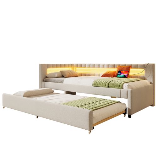 Lit Enfant 90x200 Cm Avec Lit Gigogne 90x190 Cm Et LED, Avec Ports USB Et Type-c, En Tissu, Beige